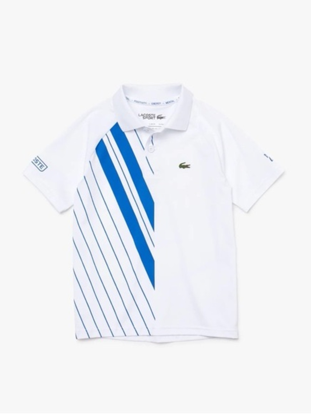 Lacoste Kids White Polo with Blue Diagonal Stripe Accents